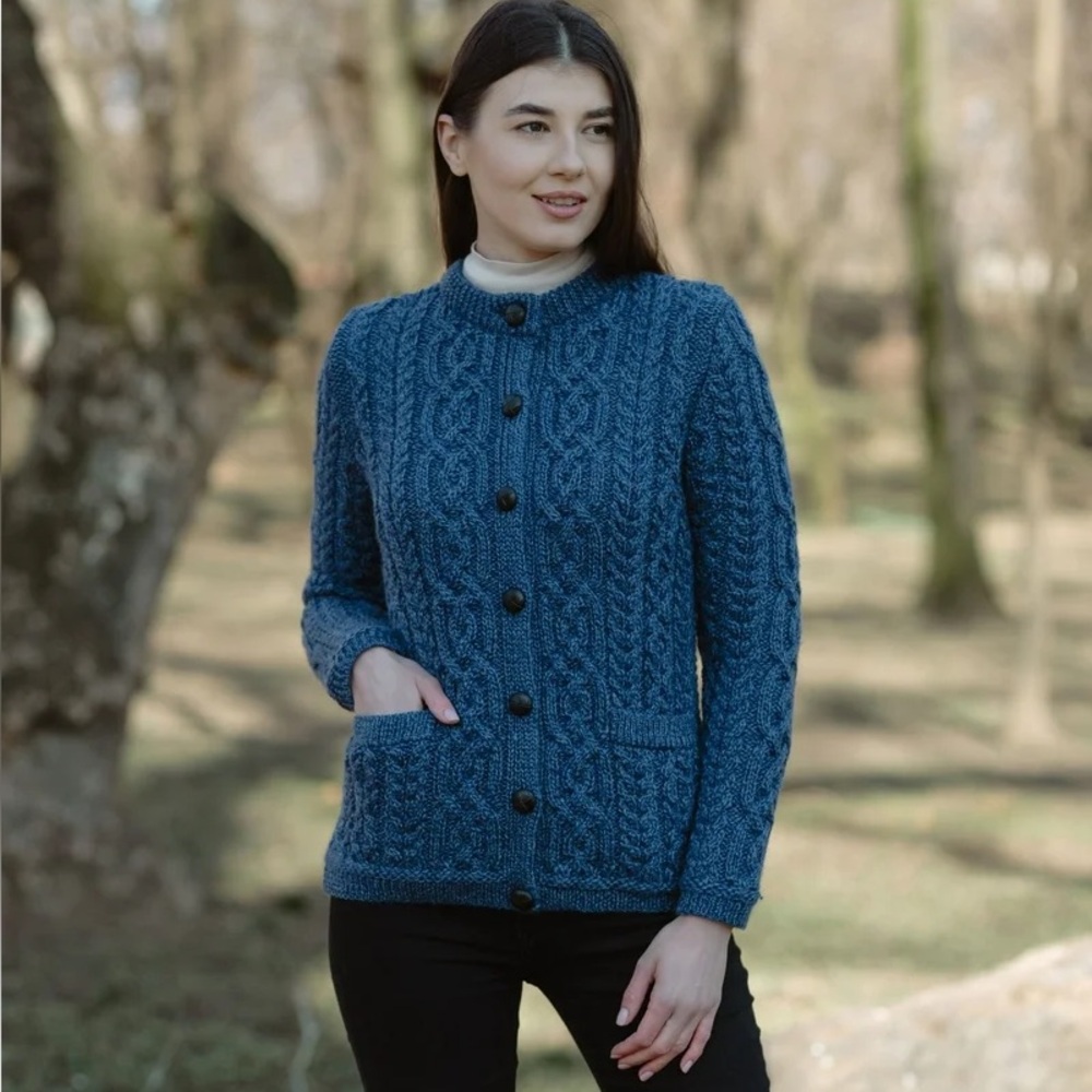 SAOL Ireland Cardigan Sweater Merino Wool Women's Large Button Up Cable Knit